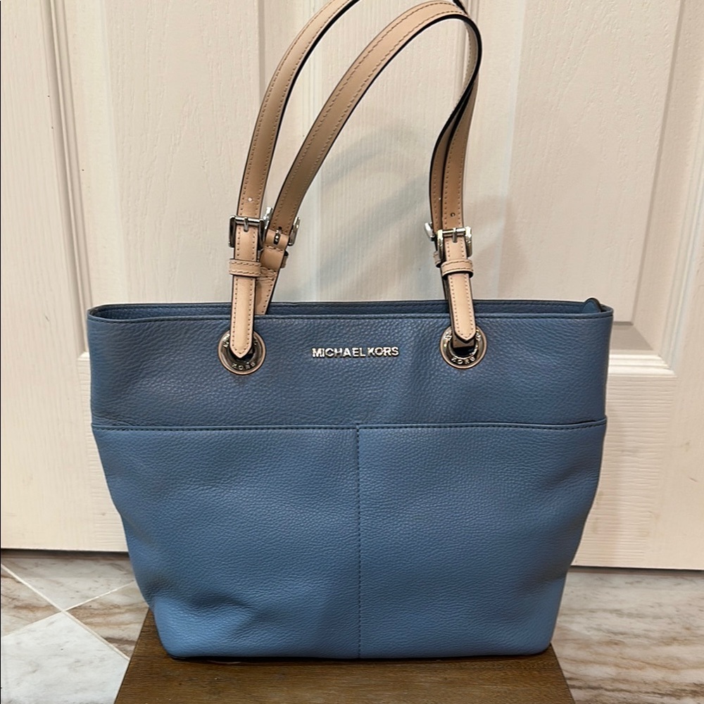Michael Kors Blue and Tan Leather Tote Bag with Structured Design